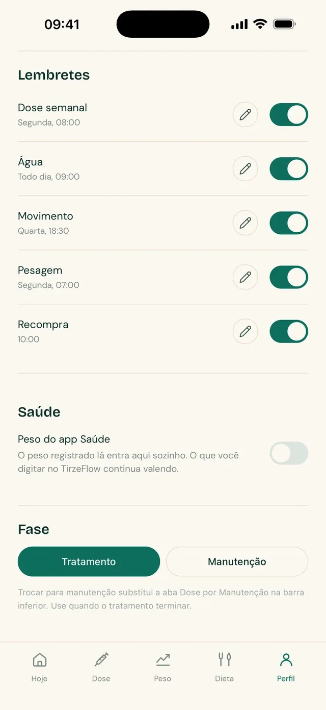 Tela de lembretes do TirzeFlow