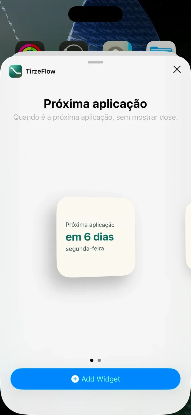 Widget do TirzeFlow na tela inicial, com os dias até a próxima aplicação